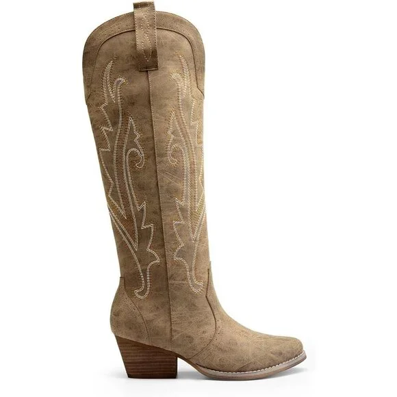 Womens Faux Leather Tan Embroidered Side Zipper Chunky Heel Retro Tall Boot - Picture 5 of 9